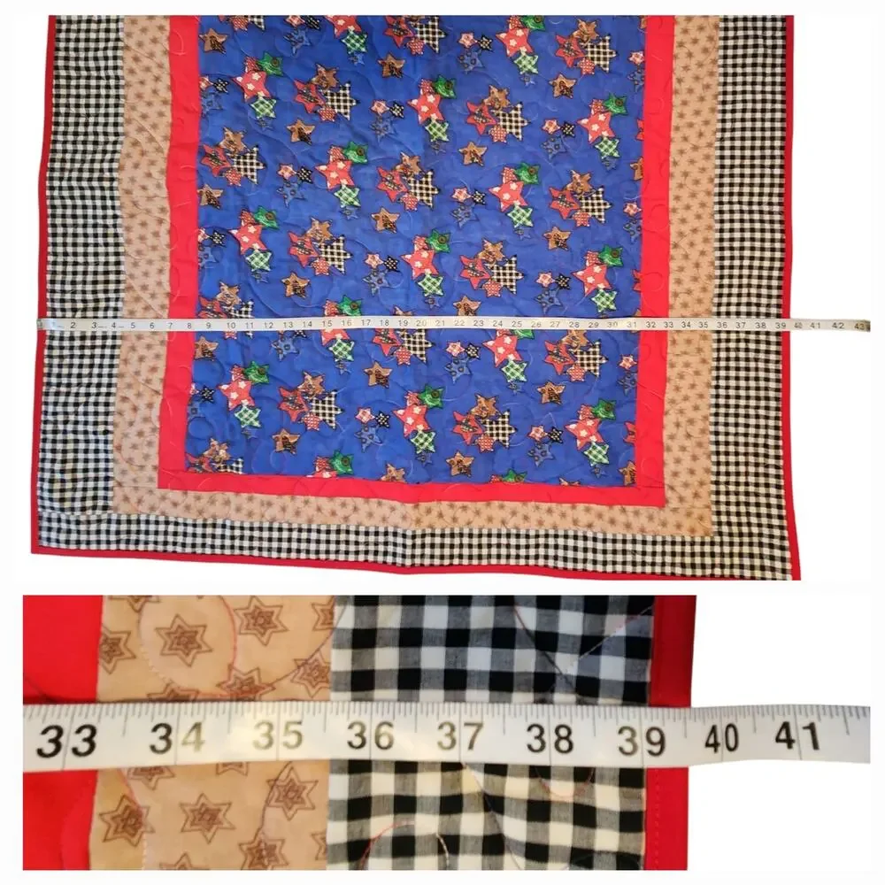 Handmade, New Lap quilt Blue & Red, Stars, Gingham, Wall Hanging, decor